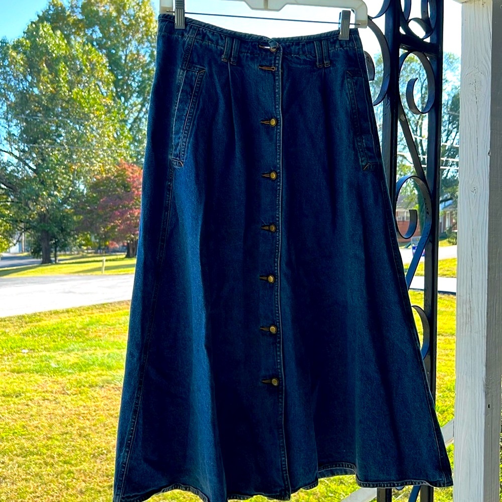 ⭐️ Alfred Dunner vintage blue denim button up maxi skirt elastic waist 8